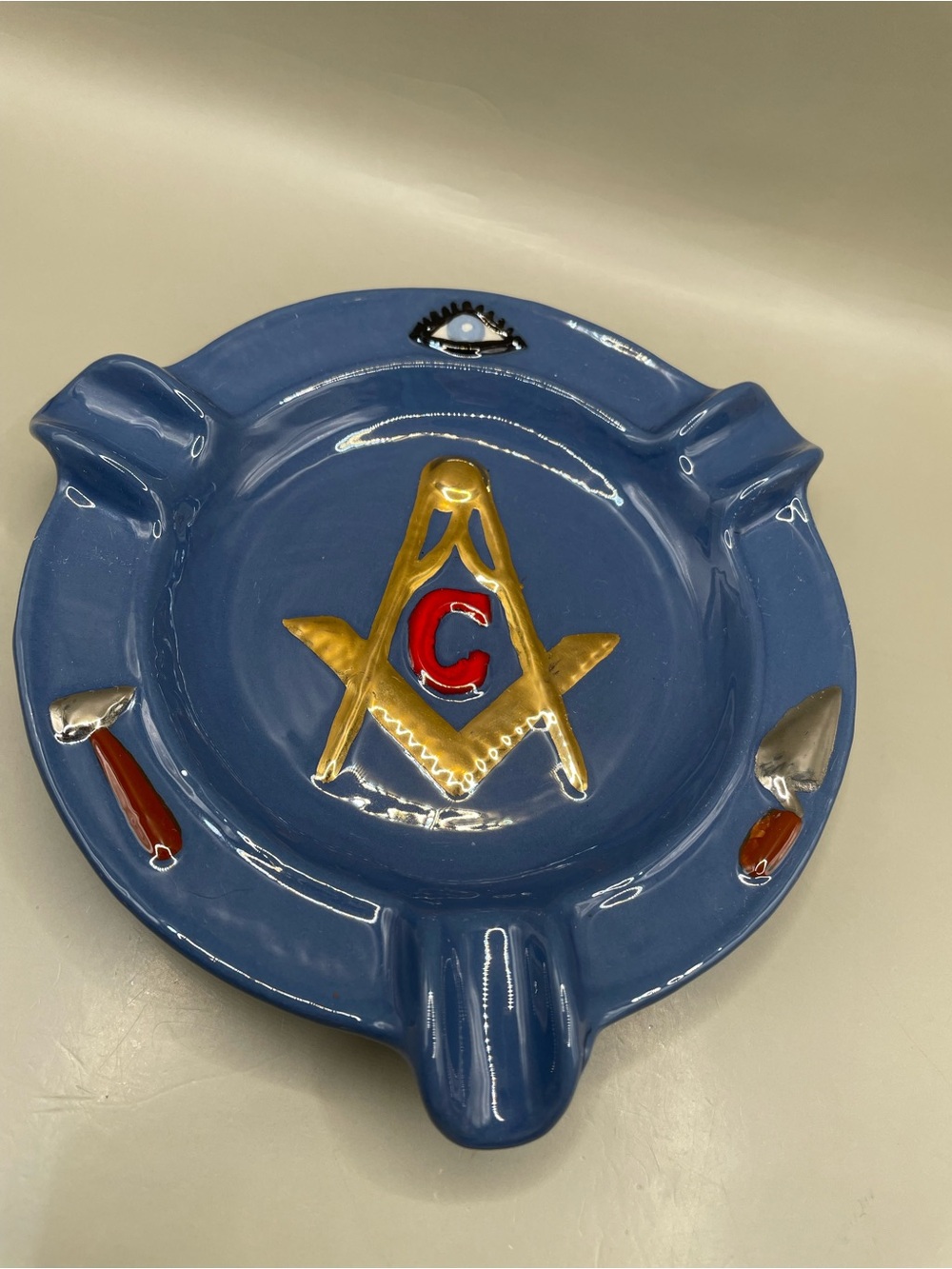 Vintage Masonic Freemason Ceramic Blue Ashtray 5.25” Smoking Tobacco